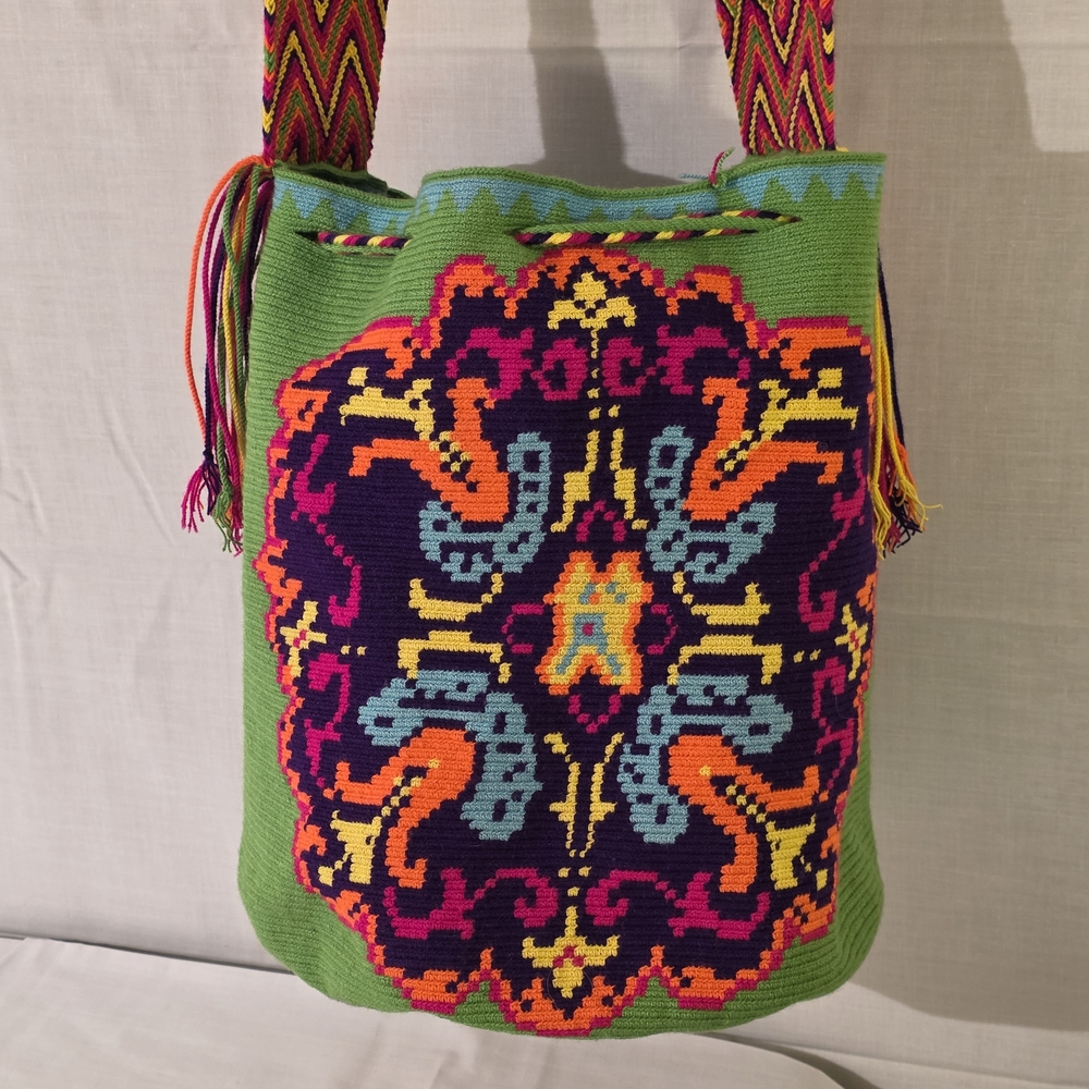 Wayuu Mochila Handwoven Columbian Green Multicolor Bucket Crossbody Bucket Bag.